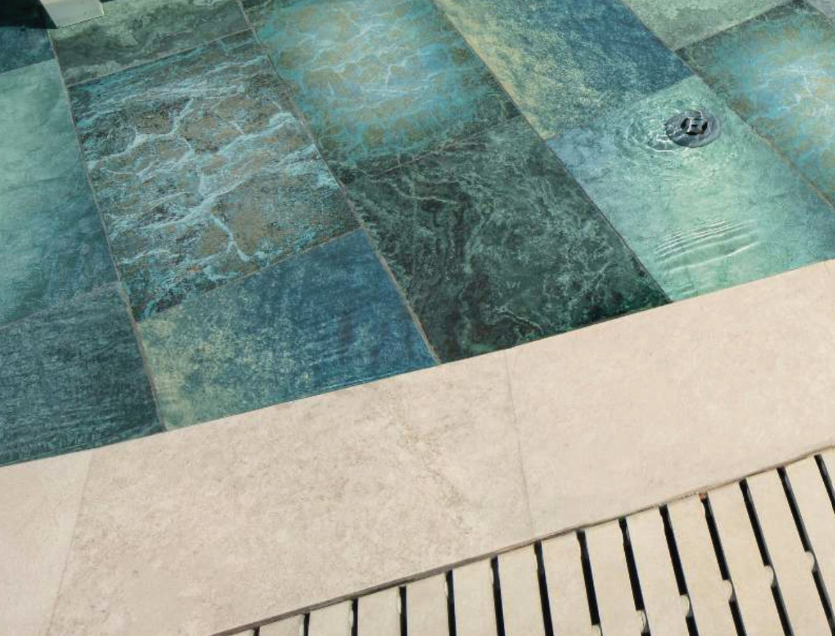 Pool Garden Beige porcelain pool deck tile around a residential pool, project example