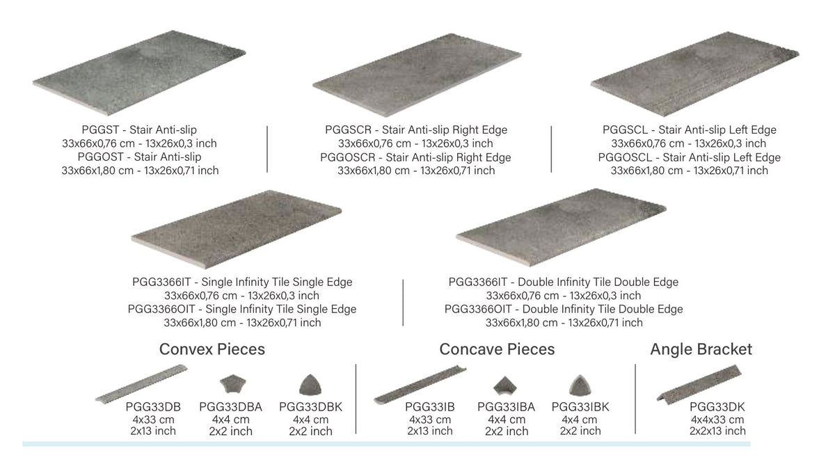Pool Garden Grey porcelain deck trims: stair treads with right and left returns, infinity-edge tiles, convex and concave pieces and angle trim