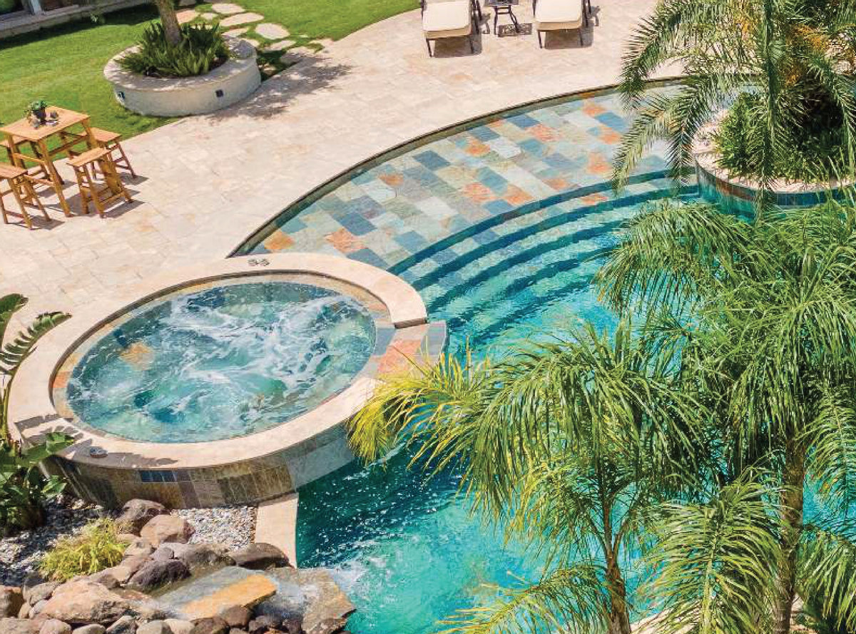 SeraPool Natural Pool Mix porcelain pool tile installed in a finished pool project