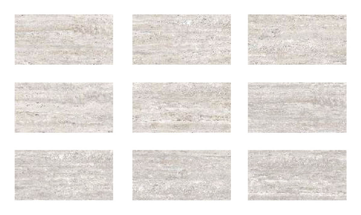 Silver Travertine porcelain pool deck tile 13x26 in., nine pieces showing natural shade and texture variation