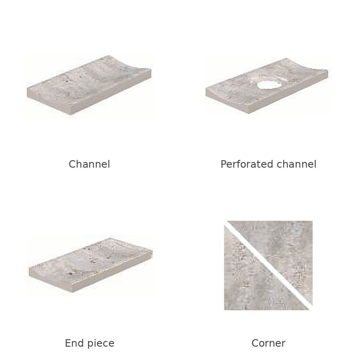Silver Travertine porcelain deck drain channel system: channel, perforated channel, end piece and corner