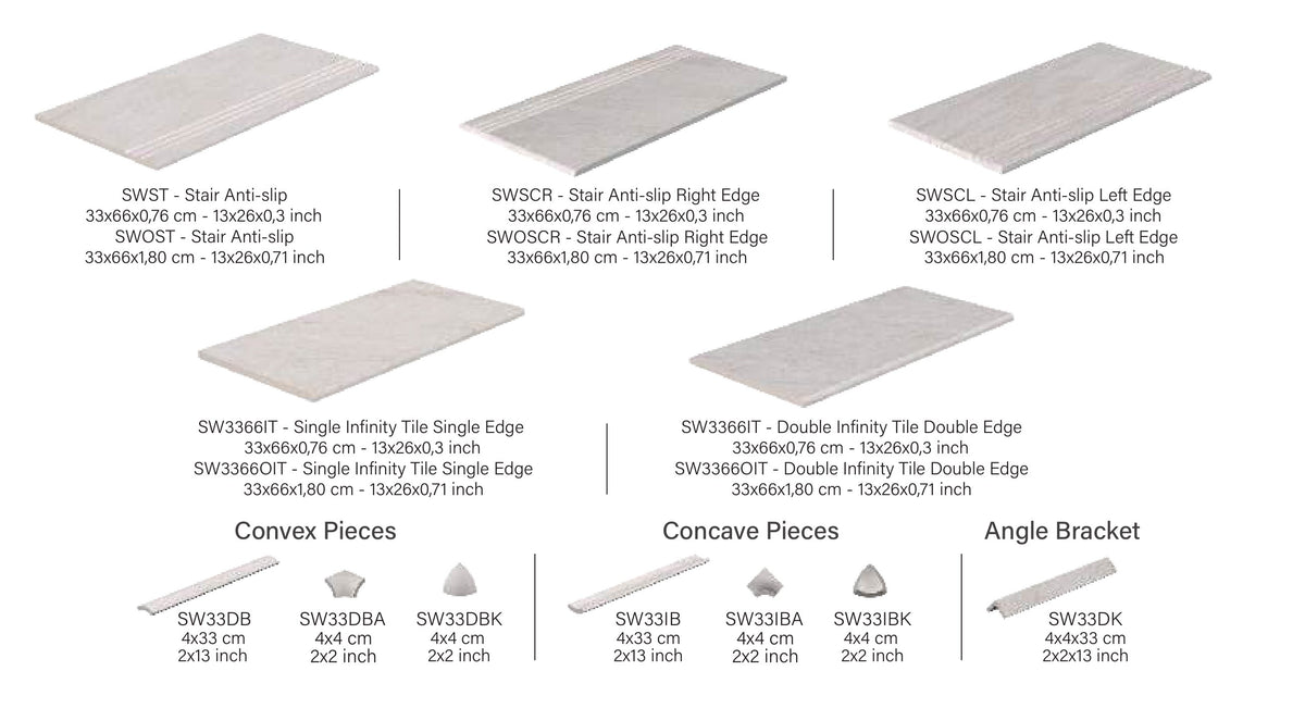 SeraPool Natural Snow White porcelain pool trims: step treads, infinity-edge tile, convex and concave pieces and angle trim