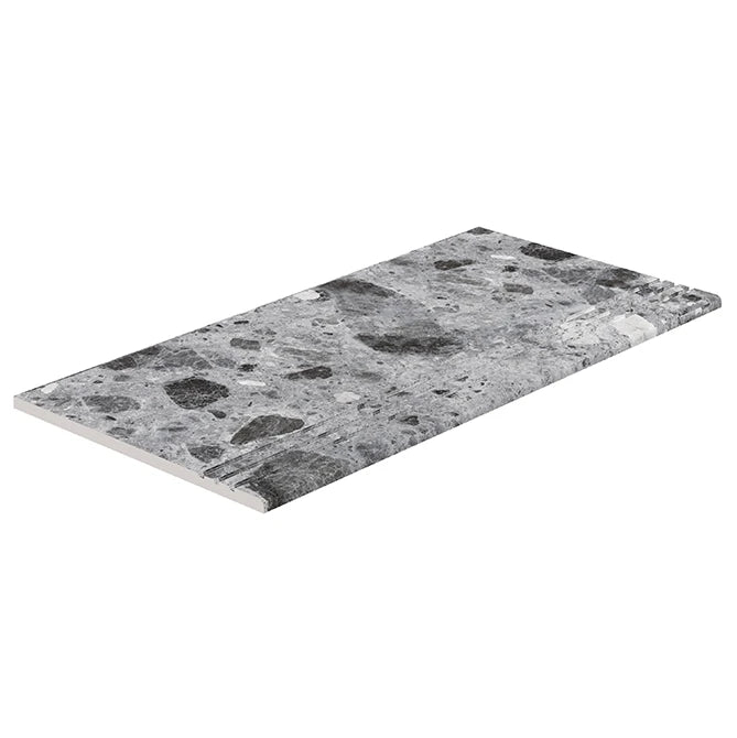 SeraPool Relax Ceppo Terrazzo Grey porcelain anti-slip stair tread with textured grip for swimming pool steps.