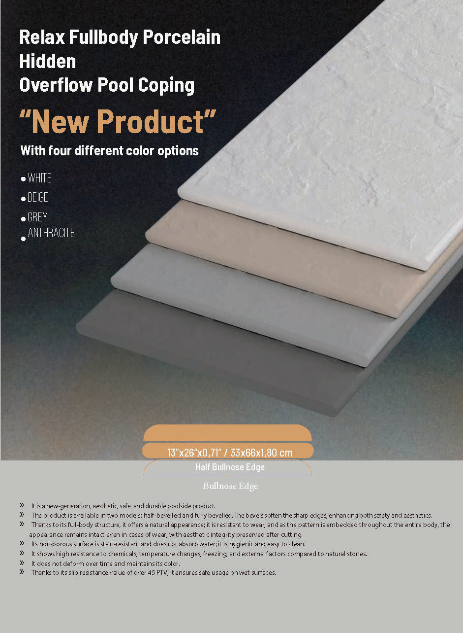 SeraPool Relax hidden-overflow porcelain pool coping in white, beige, grey, and anthracite with two edge profiles.