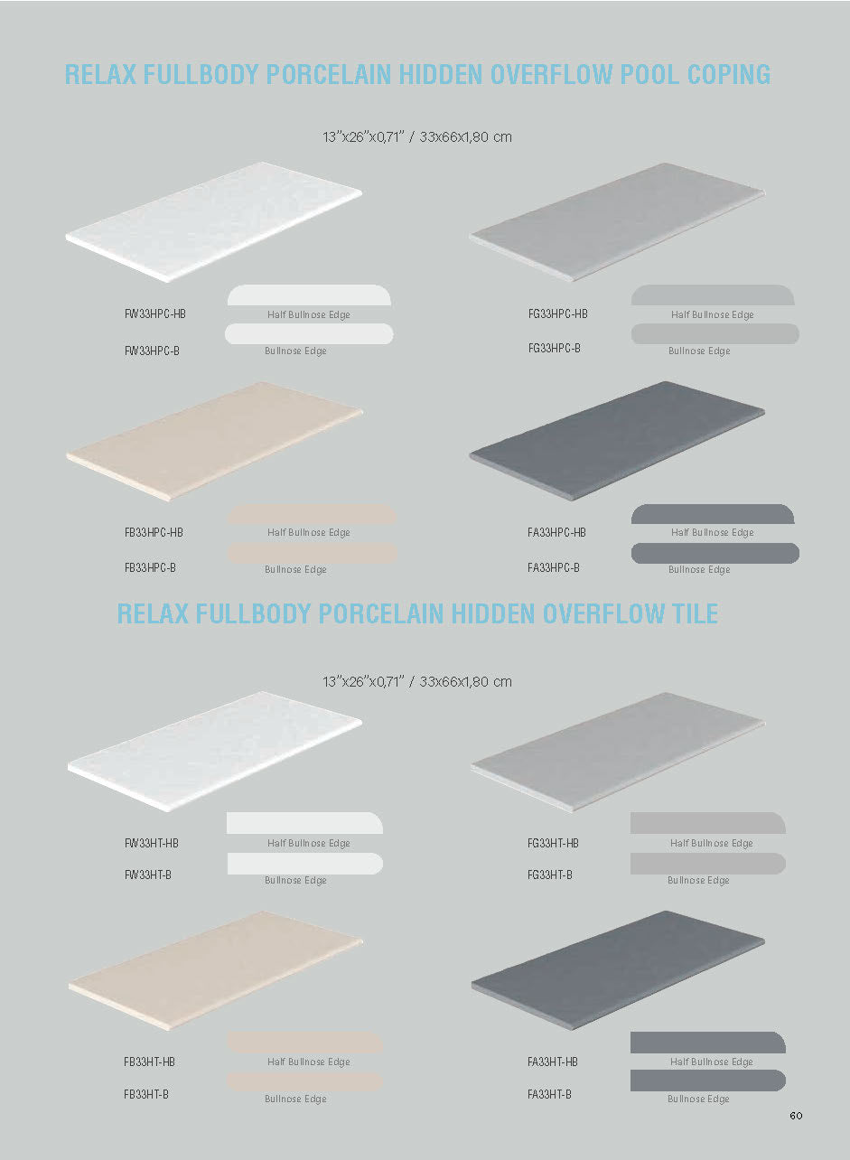 SeraPool Relax hidden-overflow porcelain pool coping and edge tile in four colors with bullnose and half-bullnose options.