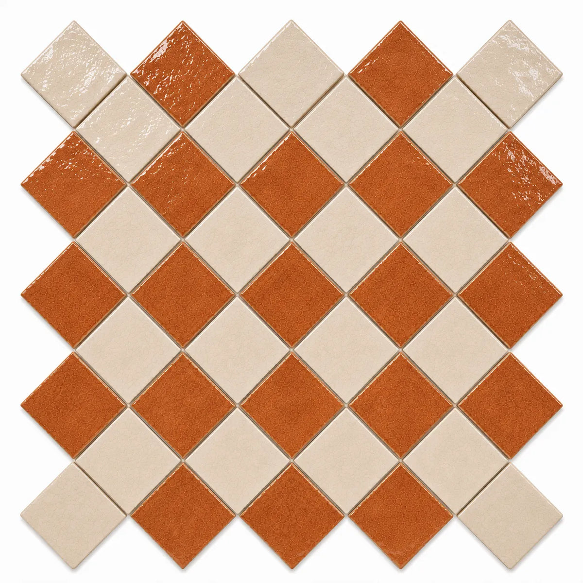 Solenne 4×4 Zellige checkerboard in a 45-degree diamond layout, Terracotta & Ivory.
