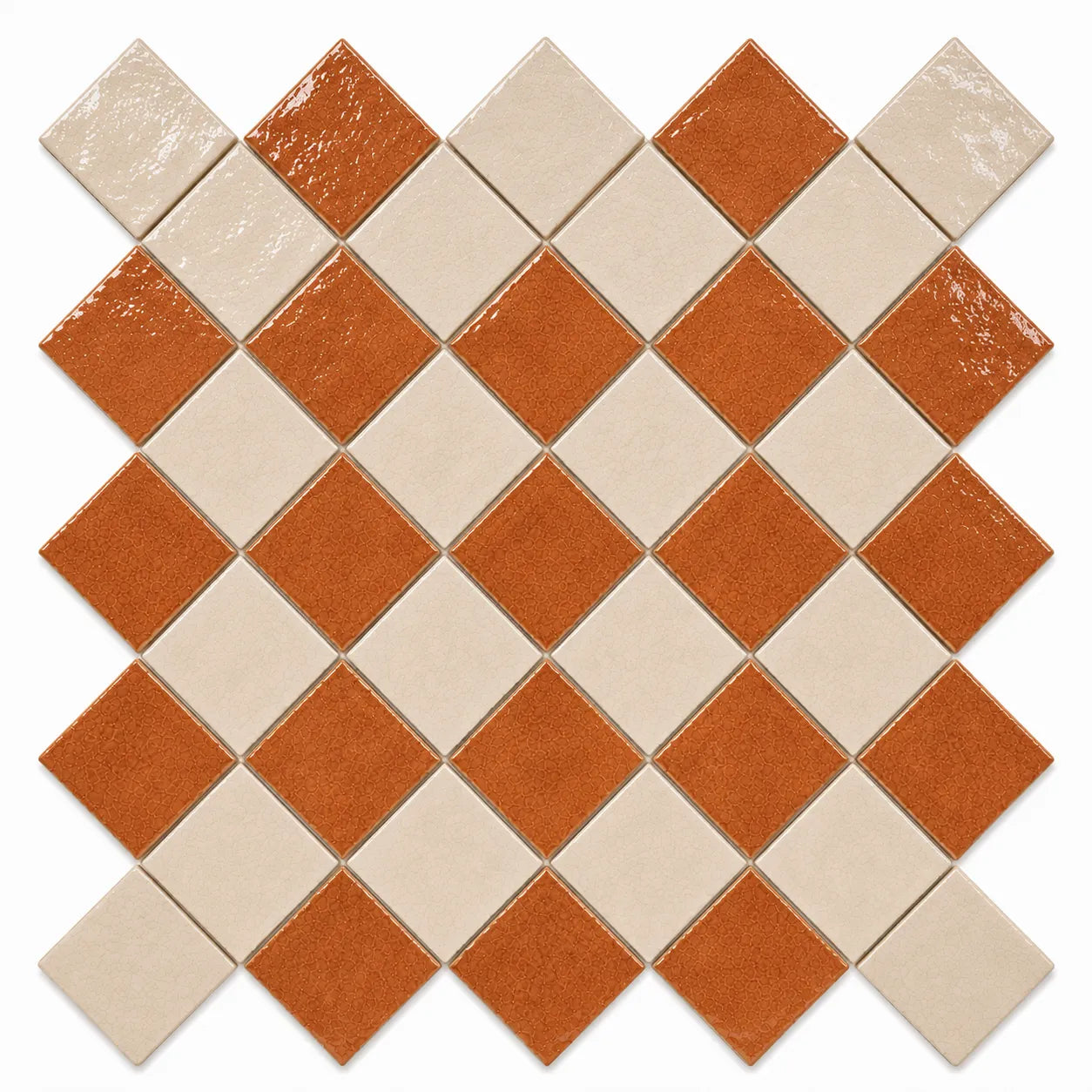 Solenne Checkerboard Zellige Tile displayed in a 45-degree diamond layout featuring Terracotta and Ivory Moroccan Zellige.