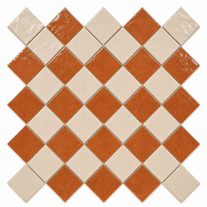 Solenne Checkerboard Zellige Tile displayed in a 45-degree diamond layout featuring Terracotta and Ivory Moroccan Zellige.