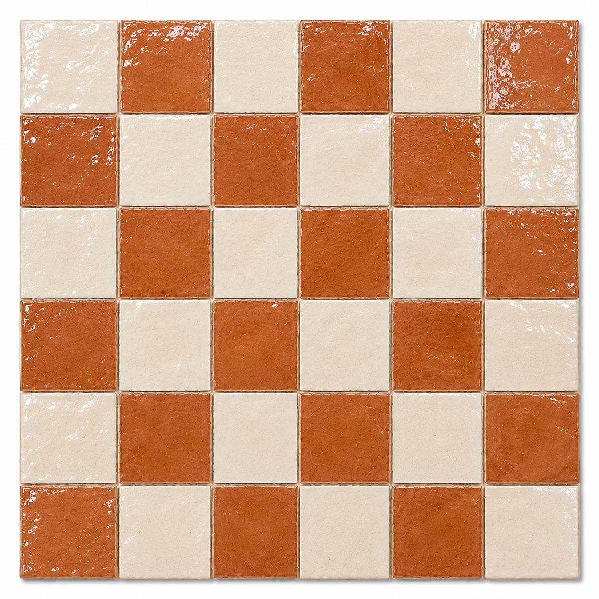 Solenne 4×4 glossy Zellige checkerboard tile in Terracotta & Ivory.