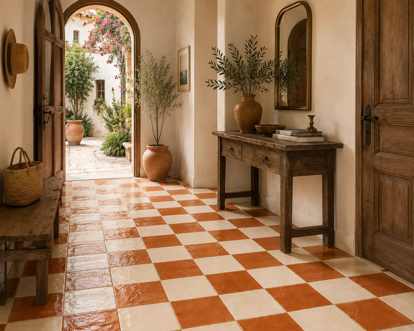Solenne 4×4 Zellige checkerboard installed in a Mediterranean entryway, Terracotta & Ivory.