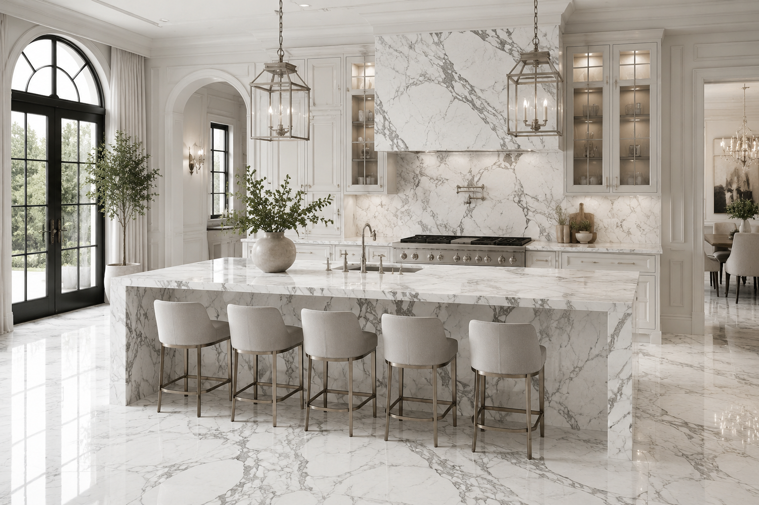 Luxury Upper East Side grand kitchen featuring Statuary White marble waterfall island, full-height marble backsplash, polished marble flooring, custom white cabinetry, and dramatic gray veining with timeless contemporary elegance.