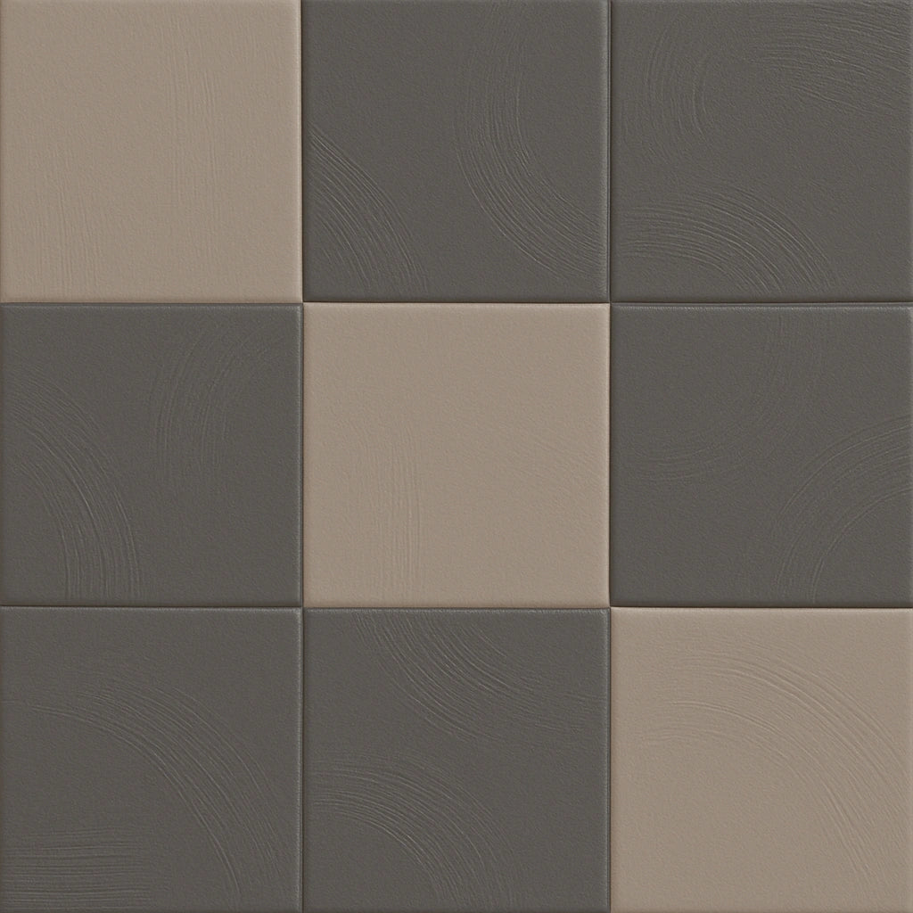 5×5 taupe and charcoal checkerboard layout using 7×7 matte porcelain tiles.