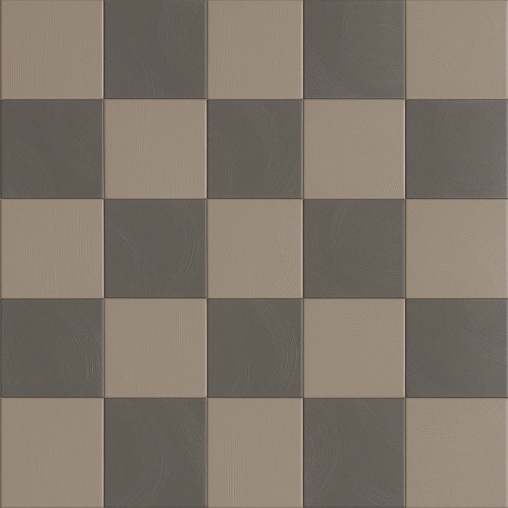 Taupe and charcoal matte porcelain checkerboard tile pattern, flat view.