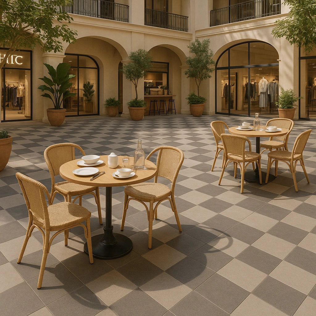 Open-air courtyard with taupe and charcoal checkerboard porcelain floor and café tables.