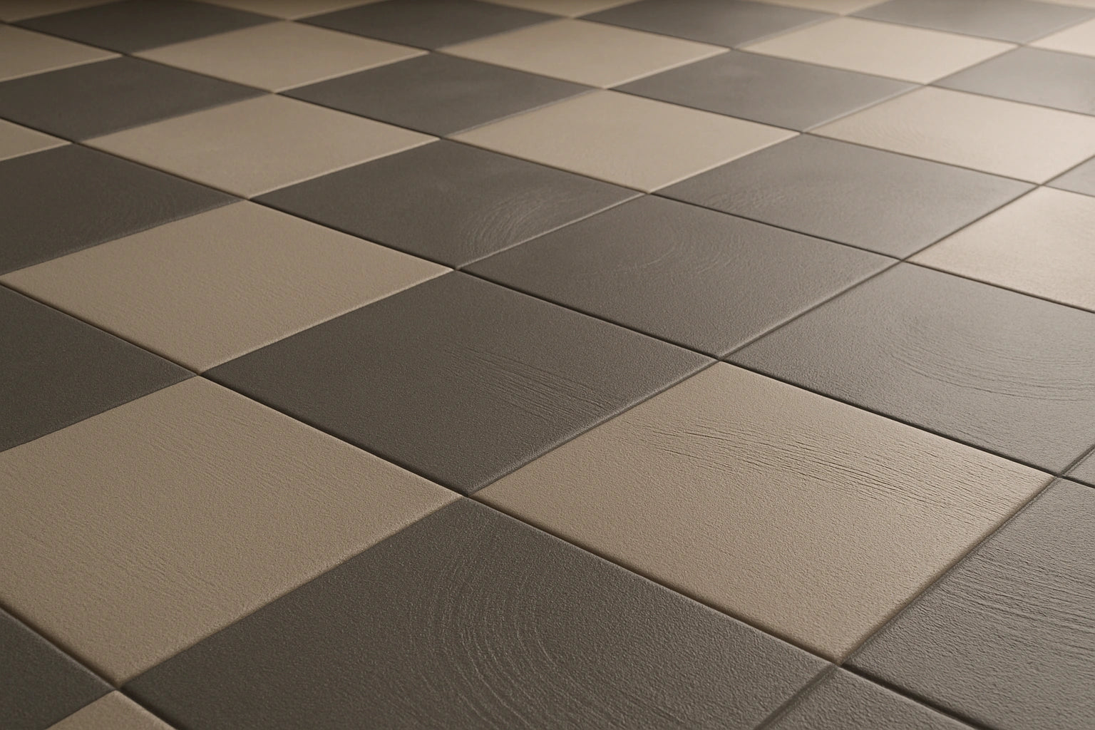 Angled close-up of taupe and charcoal porcelain checkerboard floor, matte texture.