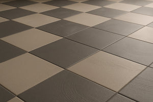 Angled close-up of Taupe & Charcoal 7×7 matte porcelain checkerboard floor texture.