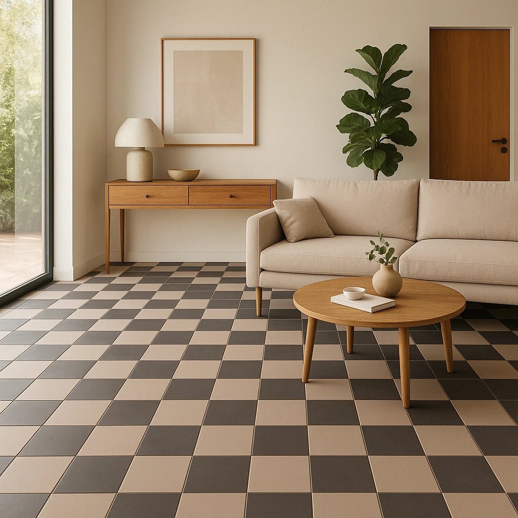 Modern living room with taupe and charcoal checkerboard porcelain tile flooring.