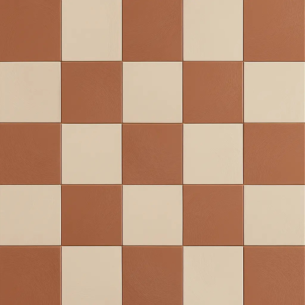 Checkerboard layout with terracotta and beige porcelain tiles in 7x7 matte finish.
