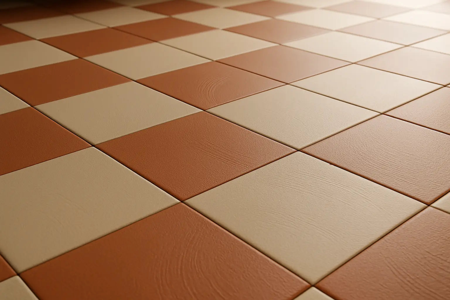 Angled close-up of terracotta and sand porcelain checkerboard floor with matte texture.

