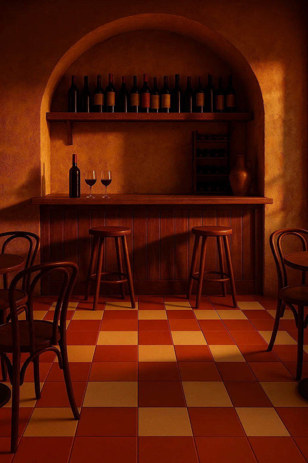 Rustic Mediterranean bar scene at sunset with terracotta and sand checkerboard tile floor.
