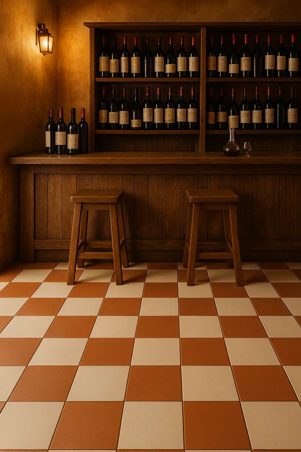 Tuscan-style wine bar interior featuring terracotta and sand checkerboard porcelain floor.
