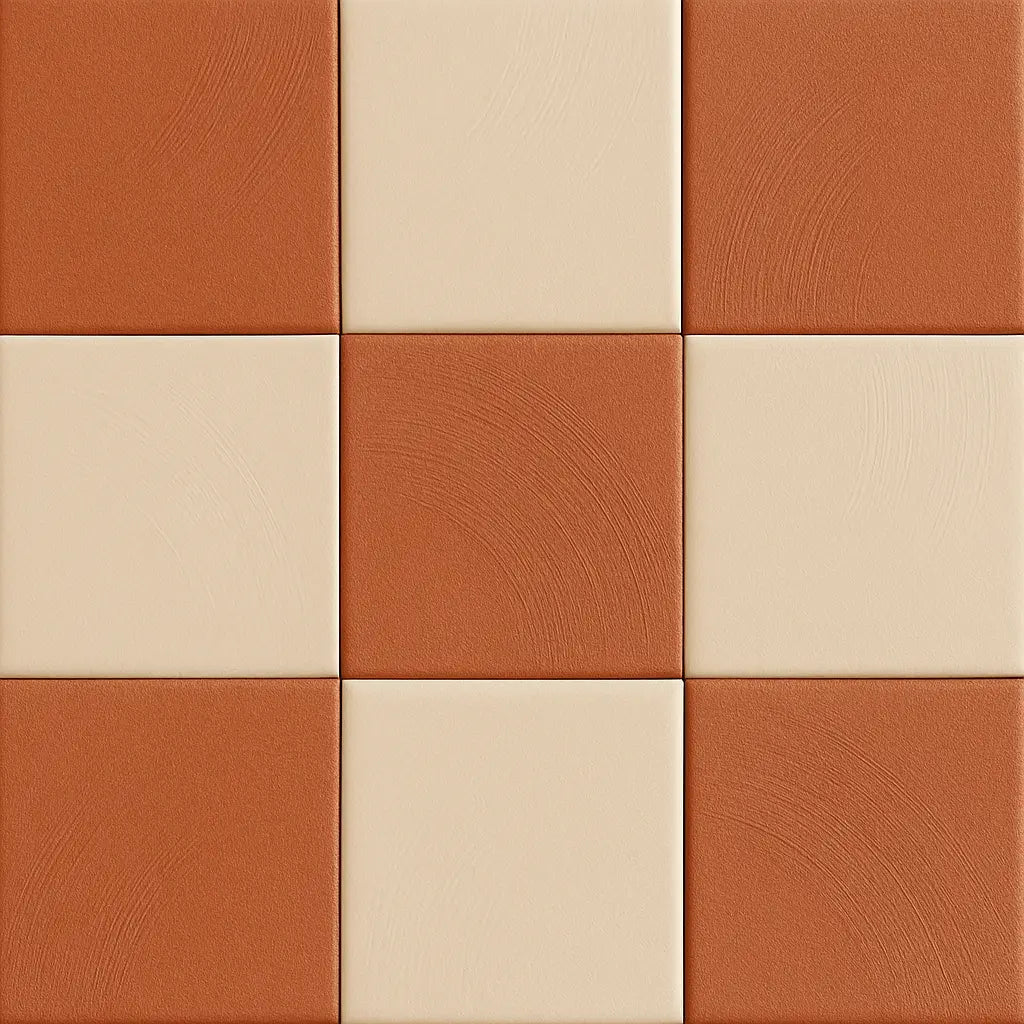 Terracotta and sand matte porcelain checkerboard tile pattern, flat view.
