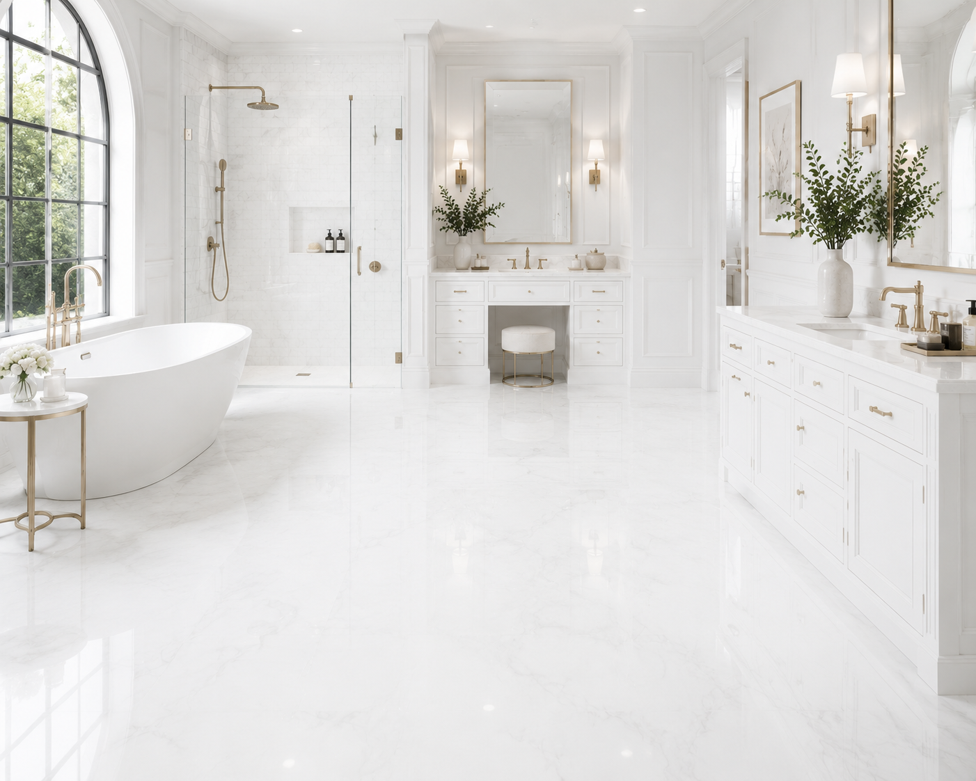 Luxury Santorini-inspired spa bathroom featuring pristine Thassos White marble flooring, walls, and shower with bright white natural stone, freestanding soaking tub, brushed brass fixtures, and abundant natural light.