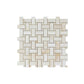 Basketweave mosaic tile sheet in soft beige onyx with rectangular and square elements creating a woven pattern. The polished finish and subtle veining enhance its elegant texture, making it an excellent choice for backsplashes, floors, or decorative accents in the tile and stone industry.