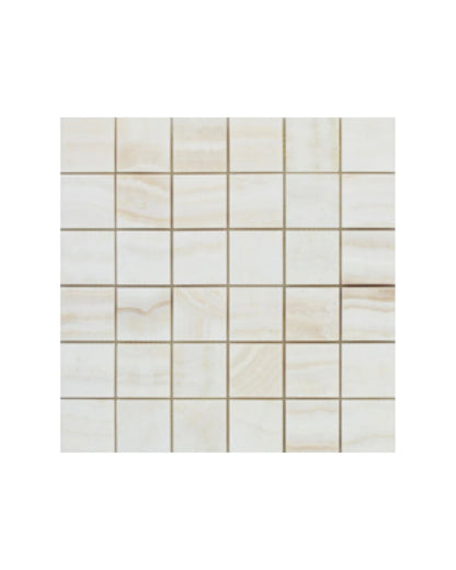 Square 2 inch by 2 inch vein-cut mosaic tile sheet in soft beige onyx, featuring a grid layout of small square tiles with natural, gentle veining.