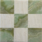 Close-up of checkerboard pattern featuring polished Green Onyx and Vanilla Onyx tiles. The green and beige hues create a harmonious blend, perfect for luxury tile installations in bathrooms or backsplashes. Natural stone tiles with a glossy finish highlight the onyx’s translucent beauty.