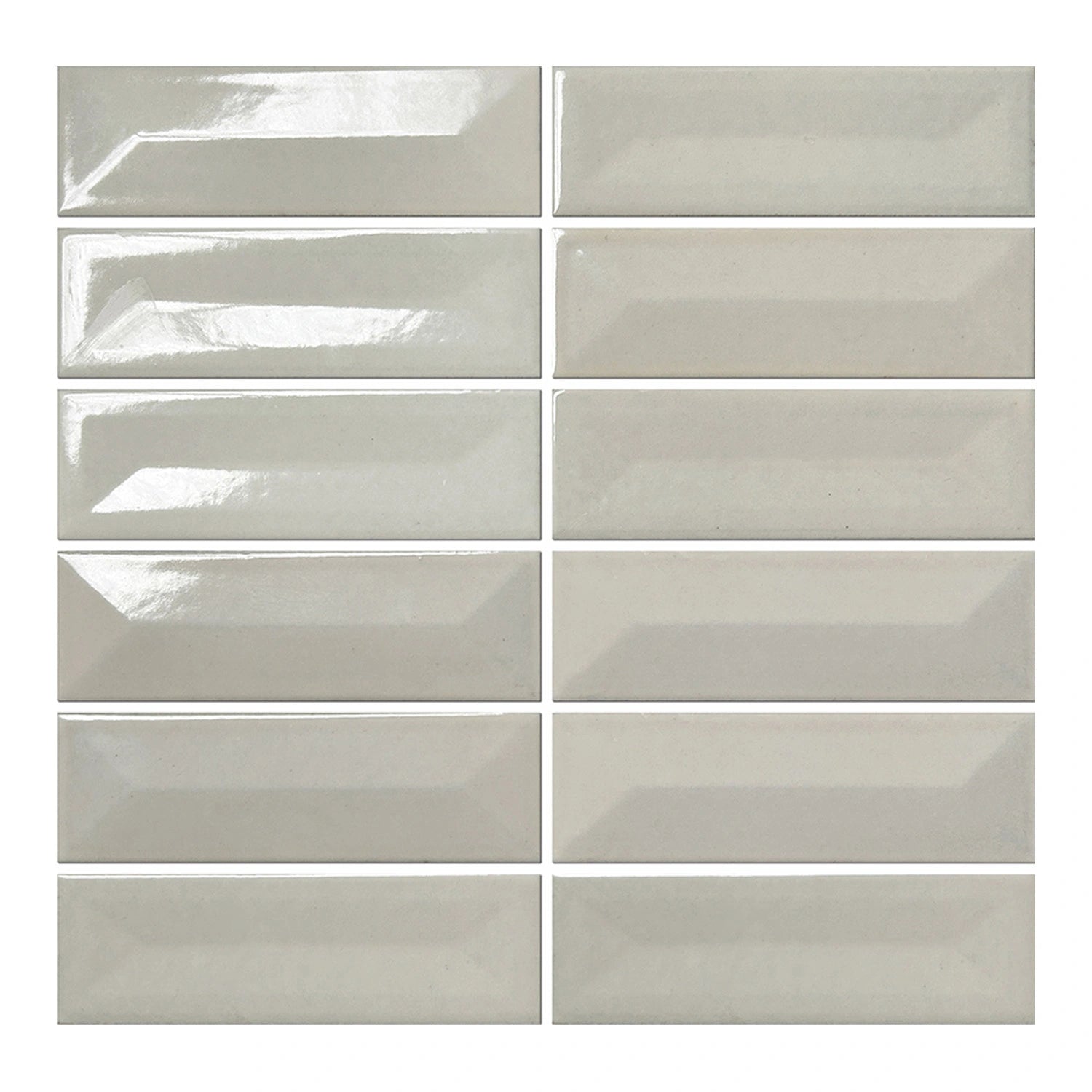 Vellora Linen Mist 2×6 porcelain mosaic sheet with randomly arranged glossy raised and recessed pieces
