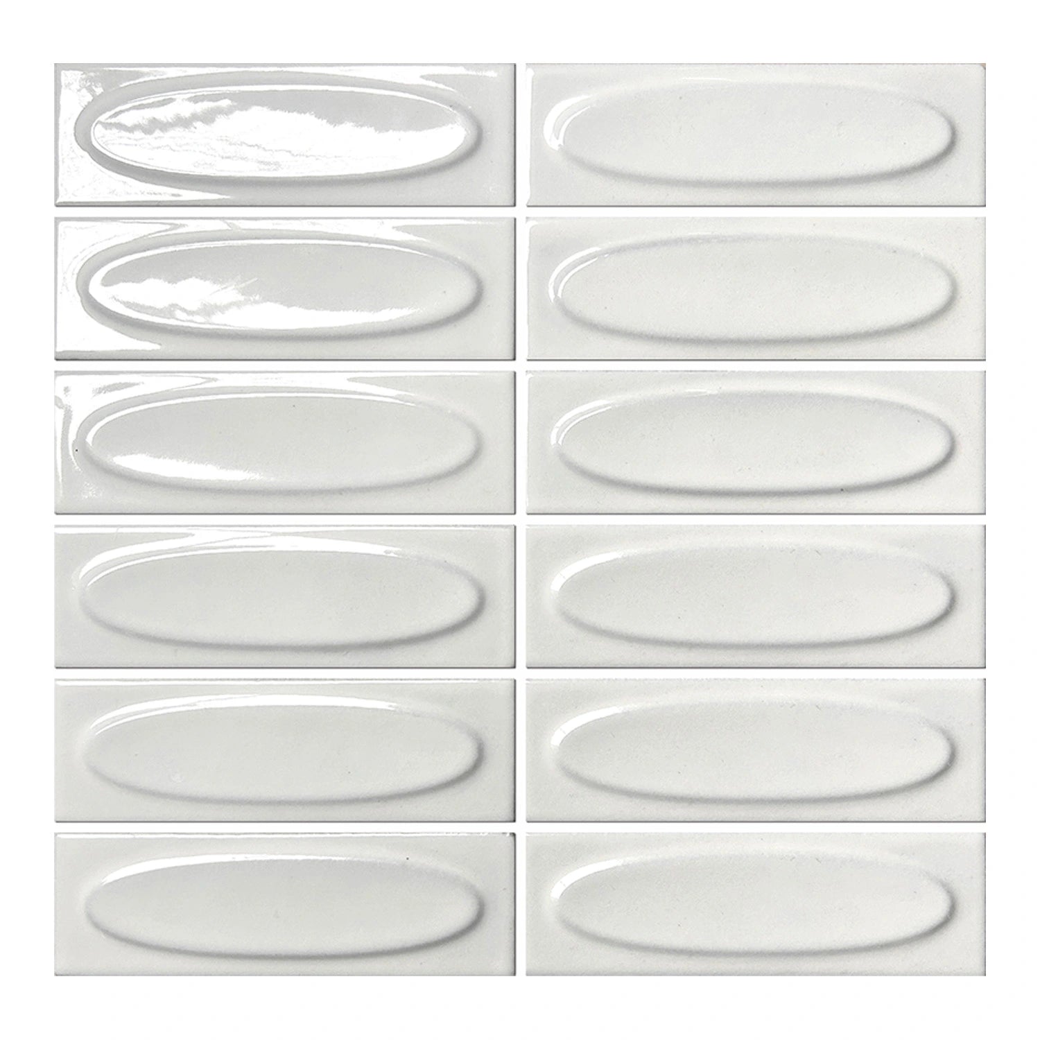 Vellora Pearl White 2×6 oval porcelain mosaic sheet with a glossy dimensional finish
