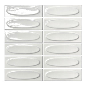 Vellora Pearl White 2×6 oval porcelain mosaic sheet with a glossy dimensional finish
