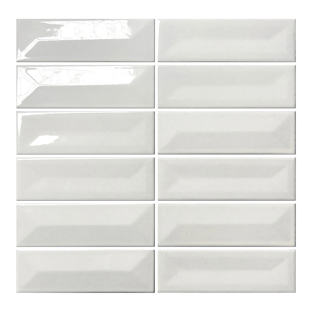 Vellora Pearl White 2×6 porcelain mosaic sheet with randomly arranged glossy raised and recessed pieces
