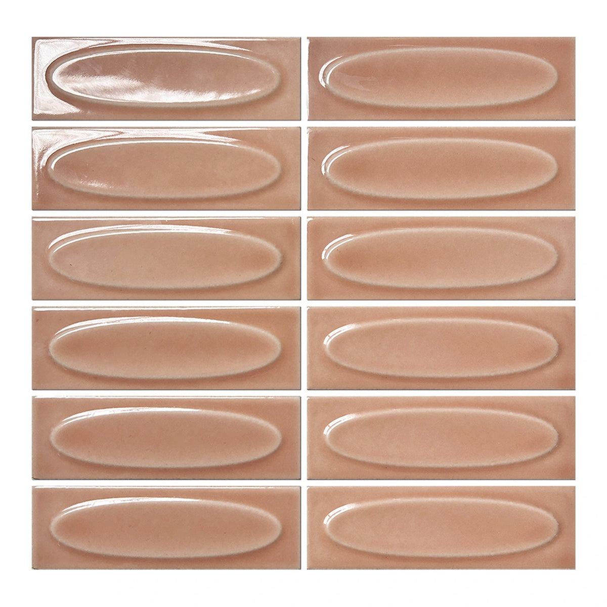 Vellora Rose Clay 2×6 oval porcelain mosaic sheet with a glossy dimensional blush finish
