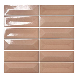 Vellora Rose Clay 2×6 porcelain mosaic sheet with randomly arranged glossy raised and recessed pieces
