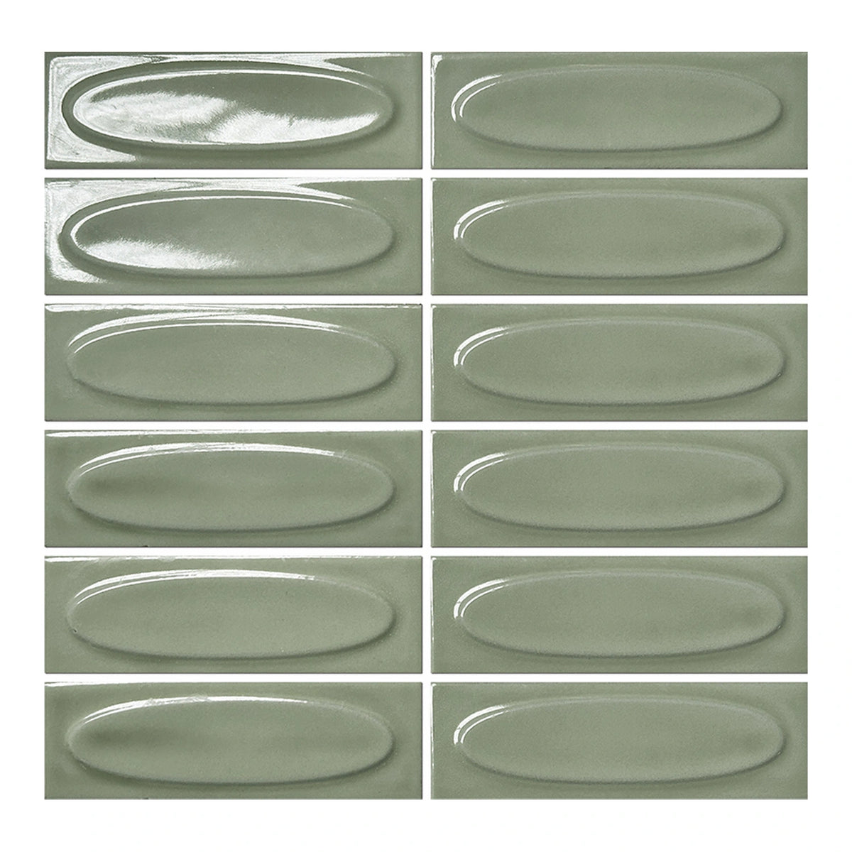Vellora Sage Laurel 2×6 oval porcelain mosaic sheet with a glossy dimensional green finish
