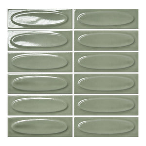 Vellora Sage Laurel 2×6 oval porcelain mosaic sheet with a glossy dimensional green finish
