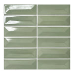 Vellora Sage Laurel 2×6 porcelain mosaic sheet with randomly arranged glossy raised and recessed pieces

