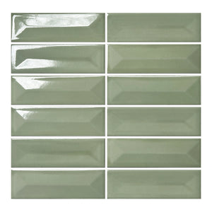 Vellora Sage Laurel 2×6 porcelain mosaic sheet with randomly arranged glossy raised and recessed pieces
