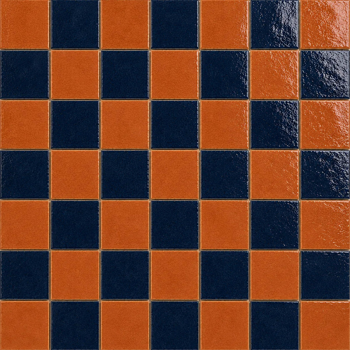 Pattern repeat of Vivienne 4×4 Zellige checkerboard in Indigo & Terracotta.