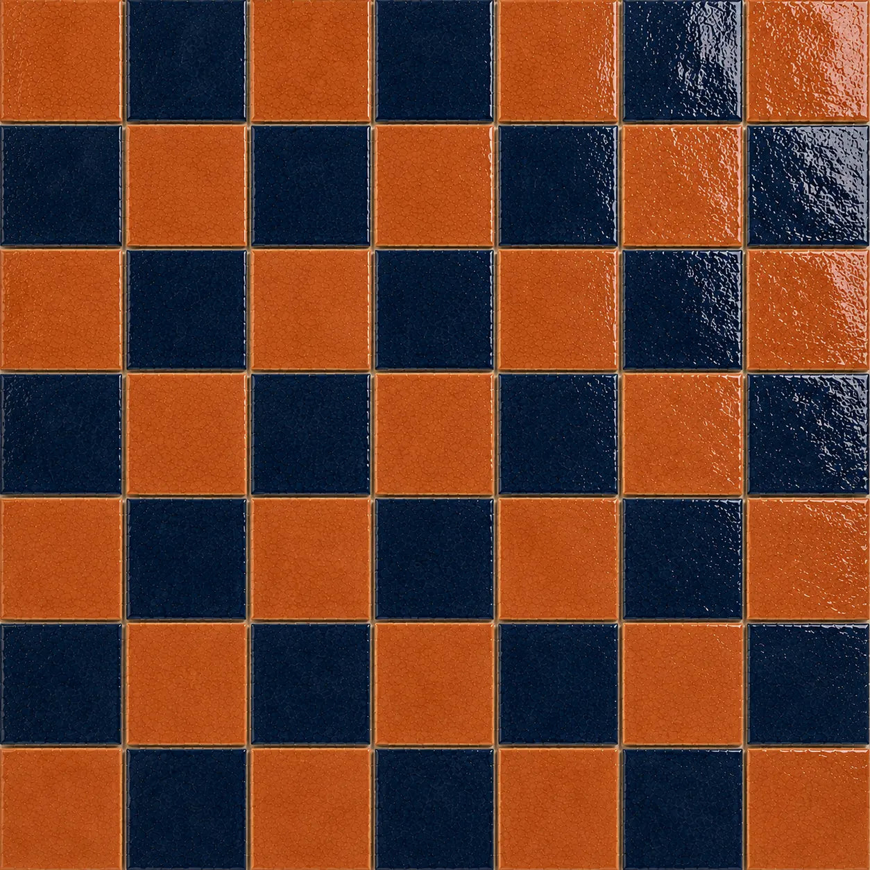 Pattern repeat of Vivienne Checkerboard Zellige Tile showing Indigo and Terracotta handcrafted Moroccan Zellige.