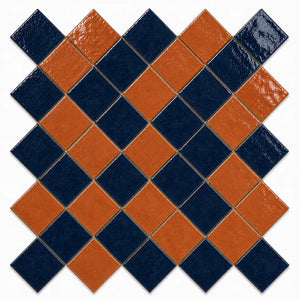 Vivienne 4×4 Zellige checkerboard in a 45-degree diamond layout, Indigo & Terracotta.