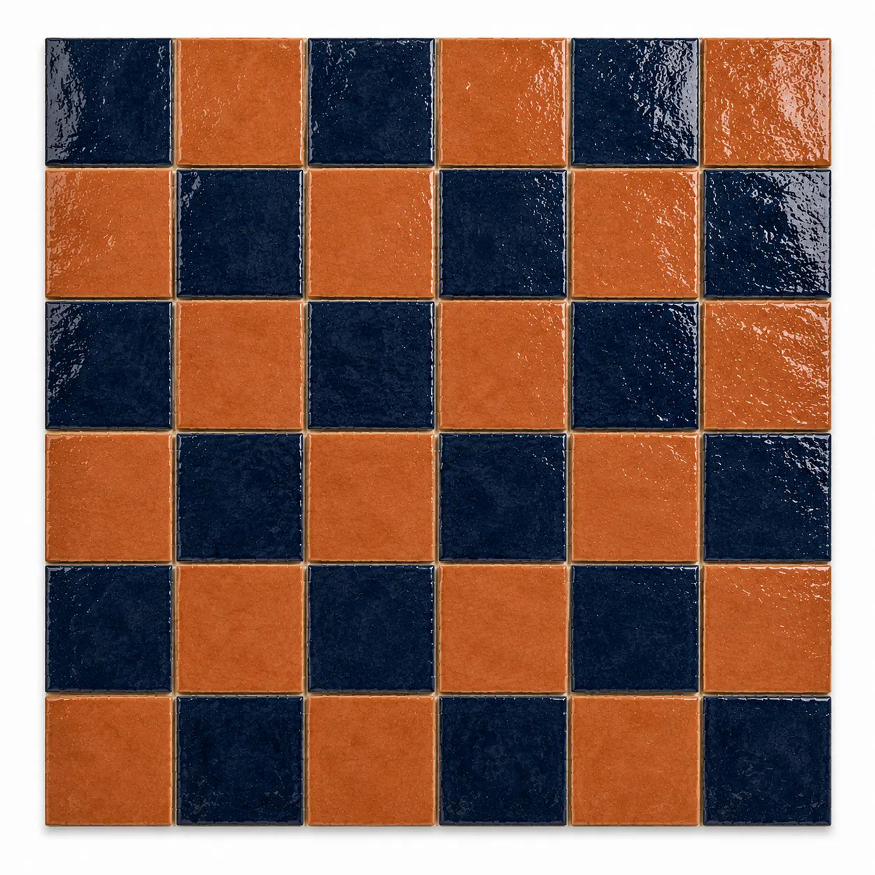 Vivienne 4×4 glossy Zellige checkerboard tile in Indigo & Terracotta.