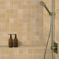 Bathroom shower setup with 4x4 zellige tiled wall, shower head, and bottles on a ledge.